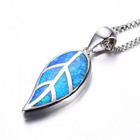 Blue Opal Leaf Silver Necklace & Chain - Picture 4 of 6